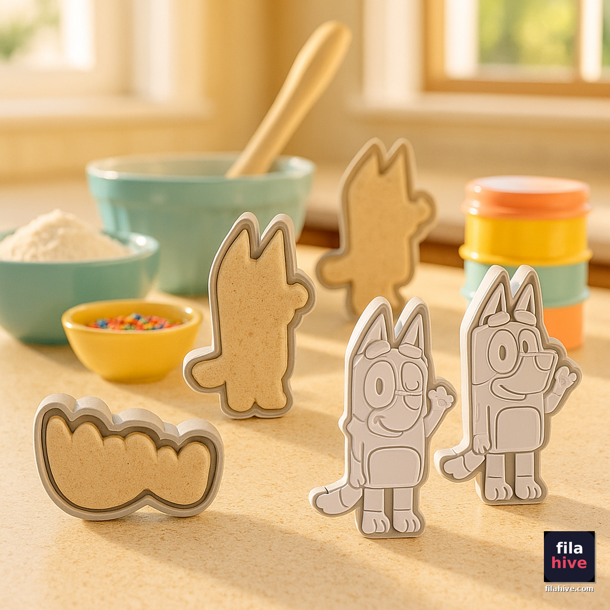 Bluey Cookie Cutters and Stamps Set on Kitchen Counter