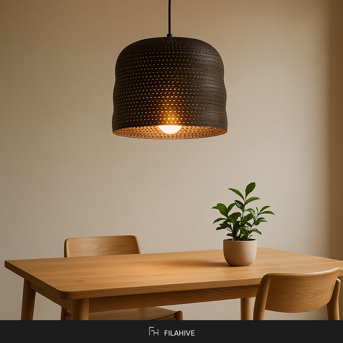 Mara Pendant Lamp in Japandi dining room with warm 2700K glow