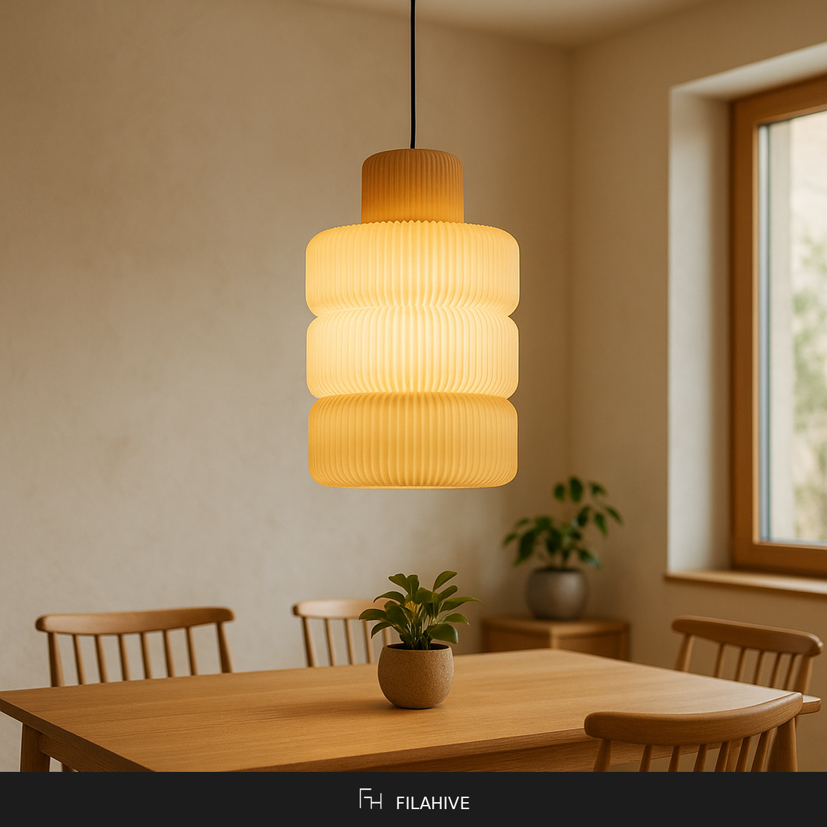 Ribbed Pendant Lamp in Japandi dining room with warm 2700K glow
