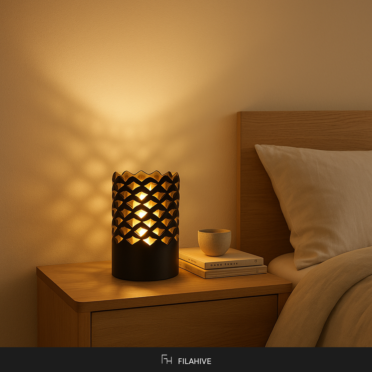 Sine Wave Lamp in Japandi bedroom with warm 2700K glow